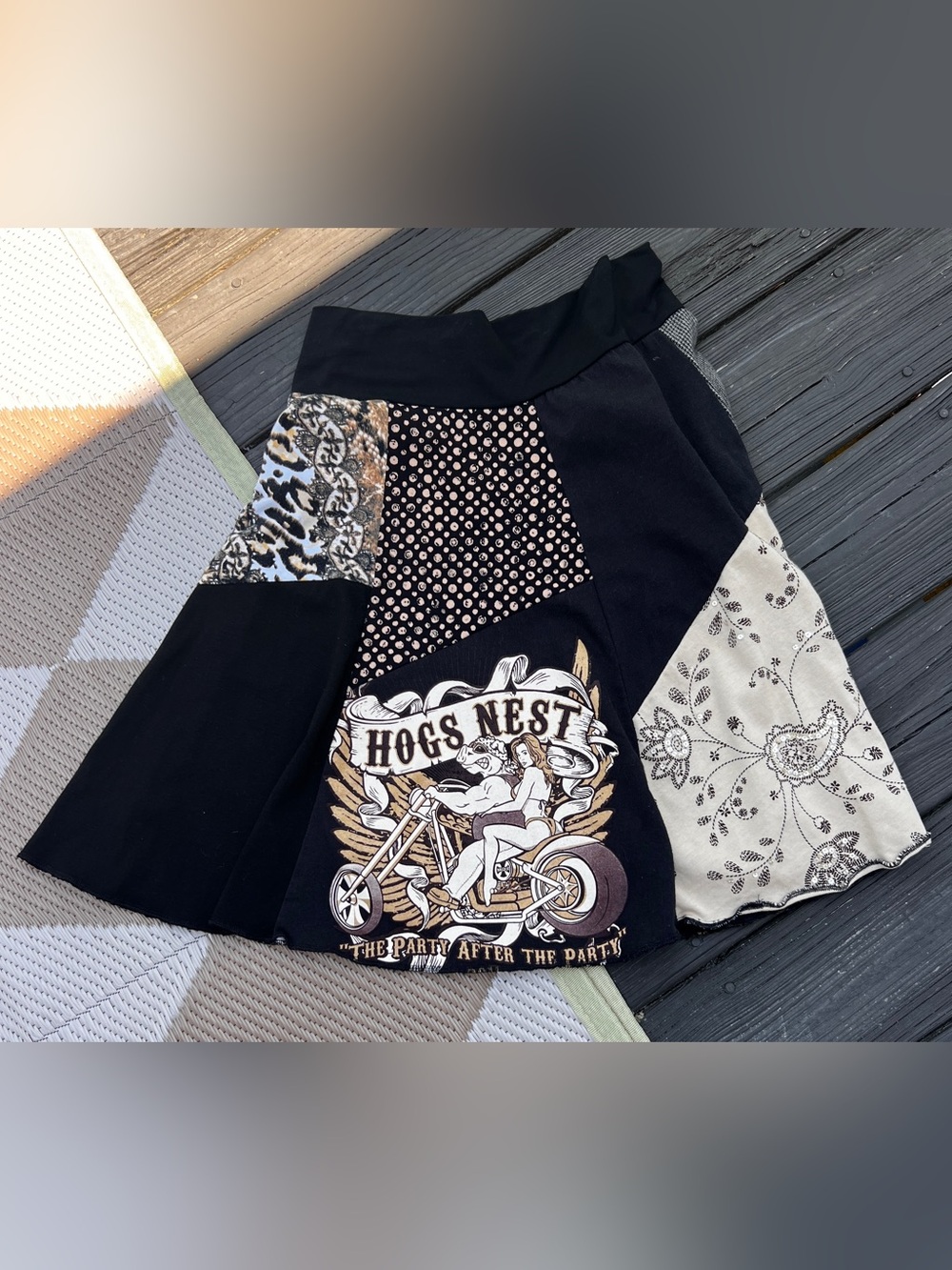 One Of A Kind Hogs Nest Patchwork Biker Skirt Handmade Festival Mini Skirt